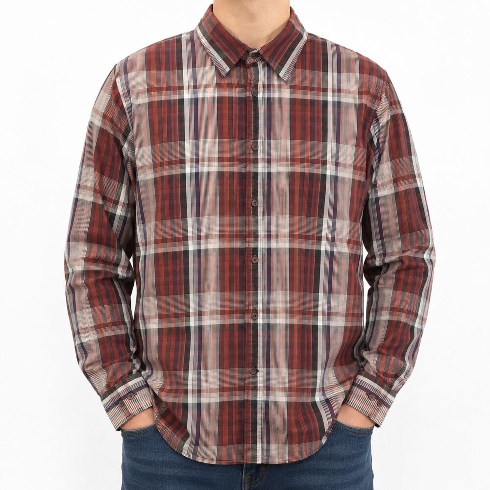 Claiborne by John Bartlett Shirt Mens Large Red White Plaid Classic Fit